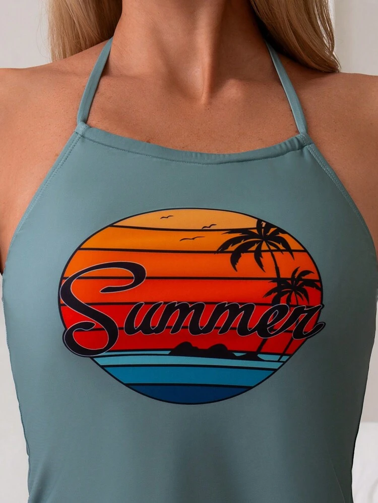 Women Coconut Tree & Letter & Sunset Print Halter Top And Plain Bottom Tankini Set, For Summer, Beach, Honeymoon, Travel, Vacation, Swimming Pool
