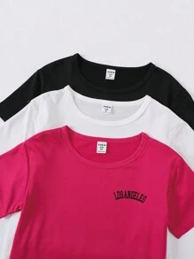 SHEIN Young Girl 3pcs/Set Letter Printed Short Sleeve Top And Shorts Casual Outfit In 3 Colors, Summer, School, Campus, College - Multicolor - View 5