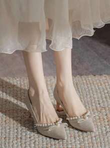 Champagne Colored High Heels For Women With Chunky Heel, Comfortable Faux Pearl Wedding Shoes - Champagne - View 6