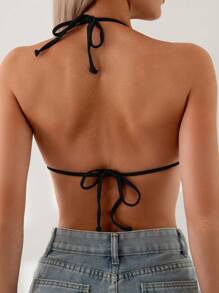 Swim Basics Summer Beach Solid Color Backless Knotted Halter Bikini Top - Black - View 2