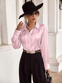 SHEIN Privé Của phụ nữ Sọc In Tay áo dài Áo sơ mi - Nhiều màu - Xem 5