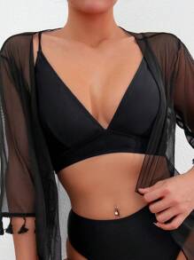 SHEIN Swim Solid Color See-Through Fringe Splice Bikini Set, Tassel Bikini Set Swimwear With Kimono Bathing Suit Beach Outfit Summer Vacation Summer Beach - Black - View 3