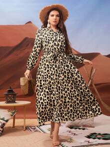 Modelyn 大尺碼女士豹紋長袖襯衫裙 - 卡其色 - 查看 3