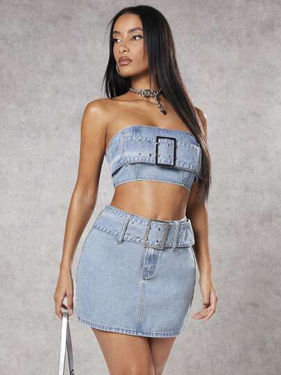 SHEIN BAE Falda Vaquera Mini Con Cintura Alta Y Hebilla Oversize, Atuendos Para Festivales Country Y De Música