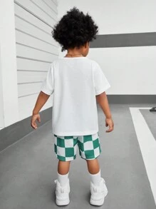 SHEIN Young Boy's Car & Checkerboard & Letter Print Top And Shorts Set Summer Holiday