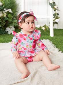 Baby Girl Ruffle Trim Floral Print Bathing Suit With Headband - Pink - View 5