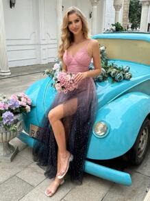 QOQ 优雅女神闪亮渐变色亮片网眼开衩吊带礼服连衣裙