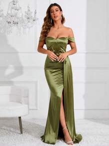 SHEIN Belle Off Shoulder Slit Thigh Draped Side Bustier Satin Bridesmaid Dress, Women Green Dinner Outfit, Elegant Dress, Holiday Dress, Wrap Dress, Wedding Guest Dress Women Party Dress Formal Dress Evening Dress,Gown