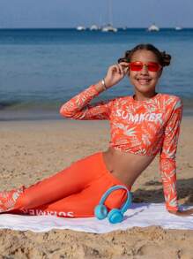 Teen Girls' Plant & Letter Printed Swimwear Set - Orange - View 3