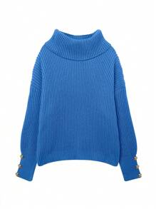 Suéter holgado de cuello alto para mujer, suéter informal formal de punto acanalado con botones y manga larga - Azul - Ver 5