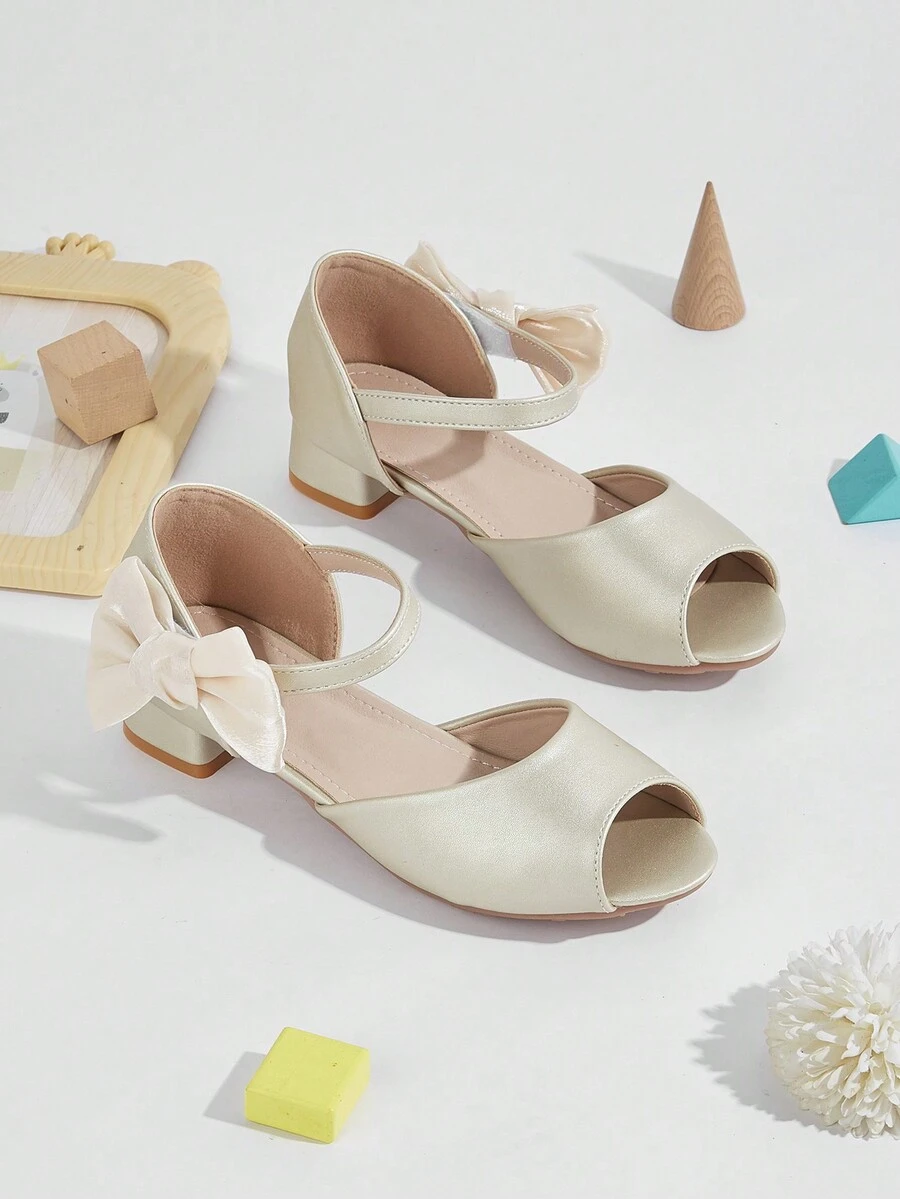 青少年高粗跟舒適防滑金色蝴蝶結表演鞋派對涼鞋 - 金色 - 查看 1