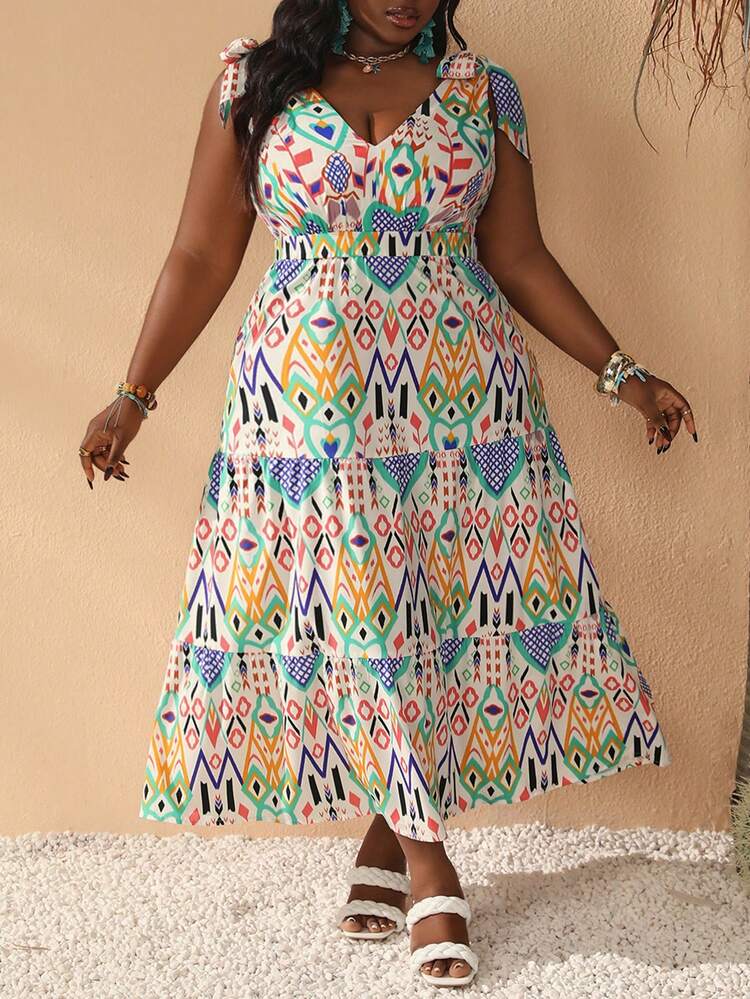 Plus Size Women's Geometric Pattern Summer Dress With Straps For Vacation