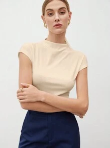 BizChic 杏色夏季時尚女款純色立領蝙蝠袖短袖T恤，商務休閒辦公穿搭，校園基礎上衣，復古風 - 杏色 - 查看 6