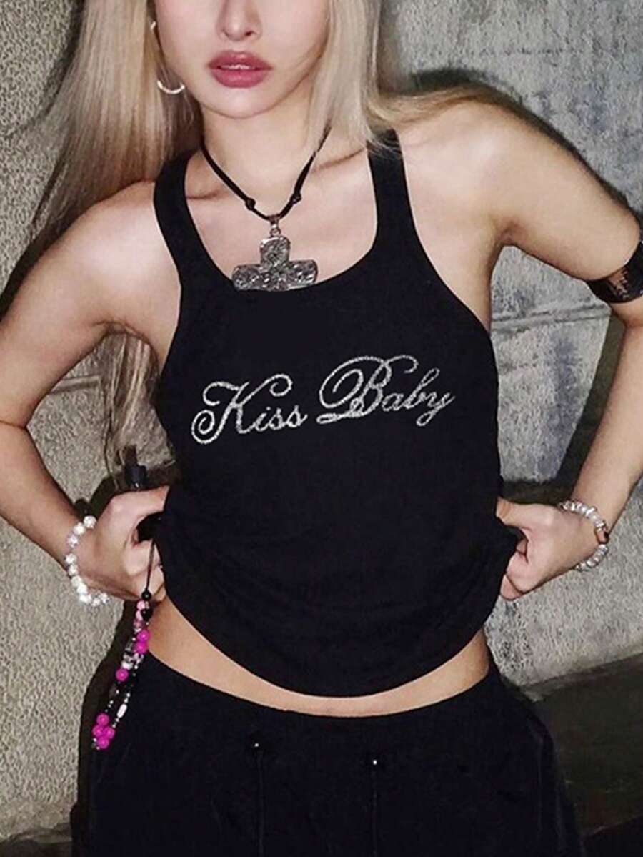 Women's Letter Printed Tank Top - Black - View 1