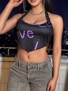 SHEIN Unity 金屬插眼不對稱下擺字母印花綁頸背心