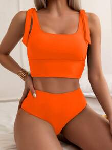 SHEIN Swim Summer Beach Solid Knot Shoulder Cut Out Back Tankini Set Bathing Suit - Orange - View 3