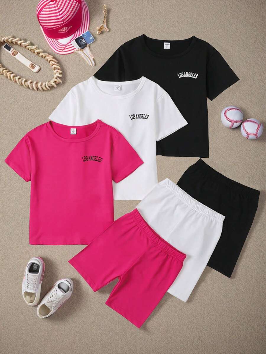 SHEIN Young Girl 3pcs/Set Letter Printed Short Sleeve Top And Shorts Casual Outfit In 3 Colors, Summer, School, Campus, College - Multicolor - View 1