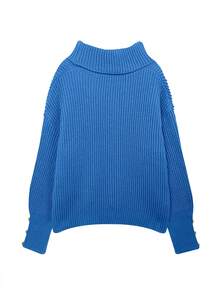 Suéter holgado de cuello alto para mujer, suéter informal formal de punto acanalado con botones y manga larga - Azul - Ver 4