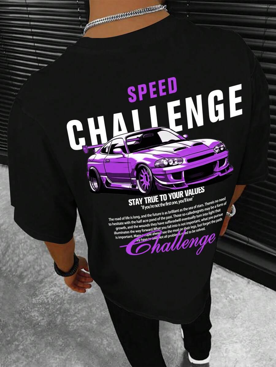 Men's Slogan Car Graphic Round Neck Casual Commuter T-Shirt - Black - View 1