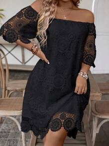SHEIN Clasi Plus Size Solid Color Lace Off Shoulder Dress For Summer - Black - View 1