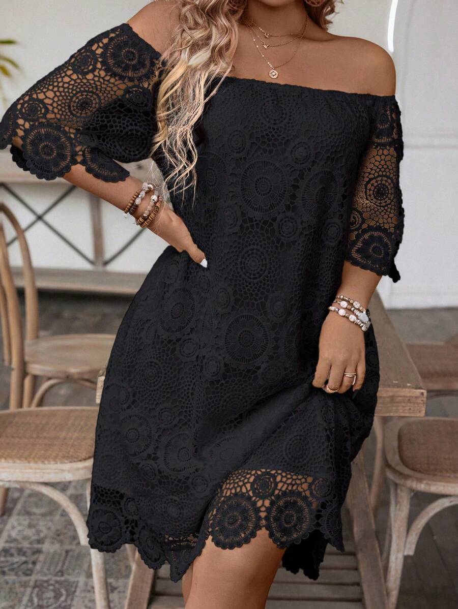 SHEIN Clasi Plus Size Solid Color Lace Off Shoulder Dress For Summer - Black - View 1