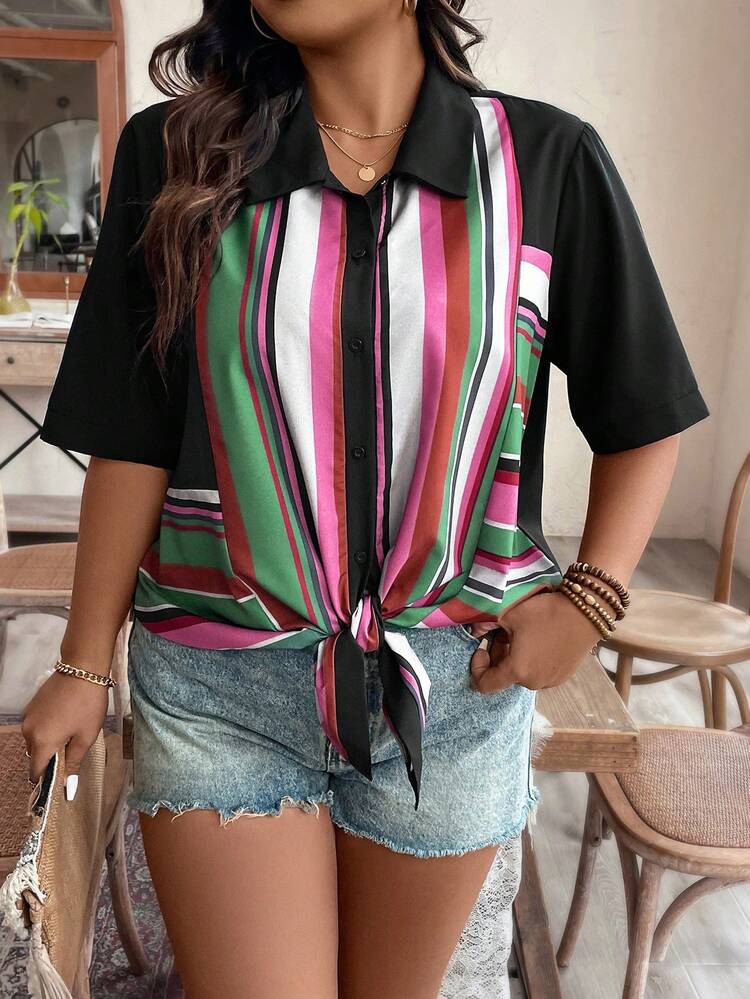 Plus Size Women's Stripe Short Sleeve Splicing Shirt