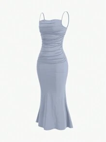 SHEIN Sweetro Solid Color Pleated Fish Tail Hem Strappy Dress Maxi Women Outfit - Light Grey - View 3