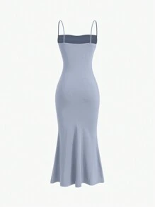 SHEIN Sweetro Solid Color Pleated Fish Tail Hem Strappy Dress Maxi Women Outfit - Light Grey - View 2