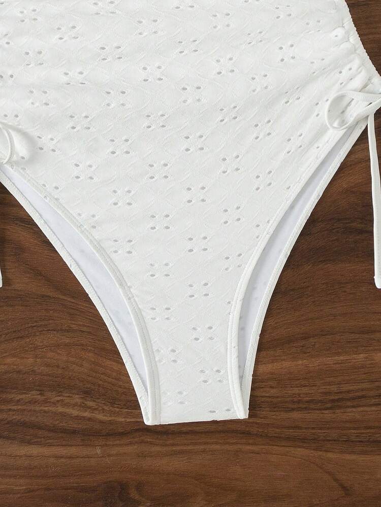 Women's Plain Eyelet Embroidery One-Piece Swimsuit With Side Hollow And Small Flounce Sleeves, For Summer, Beach, Vacation, Travel, Festival, Swimming Pool, Surfing
