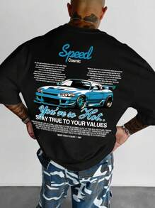 Men's Casual Round Neck Car Logo Printed T-Shirt, Suitable For Commuting