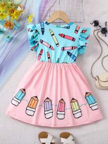 SHEIN Young Girl Flutter Sleeve Pencil Dress With Color Block And Print Summer Holiday - Multicolor - View 2