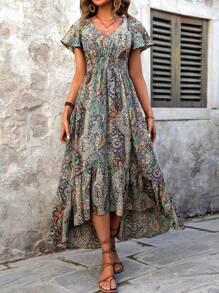 Breezaya Women's Paisley Printed Wrap Waist Shirred Ruffle Short Sleeve Dress - Multicolor - View 7