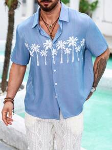 Manfinity RSRT Men's Plus Size Palm Tree Print Short Sleeve Shirt - Blue - View 6