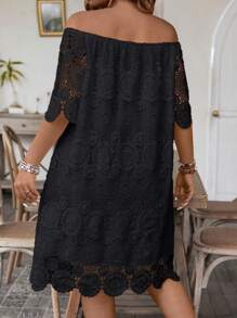 SHEIN Clasi Plus Size Solid Color Lace Off Shoulder Dress For Summer - Black - View 2