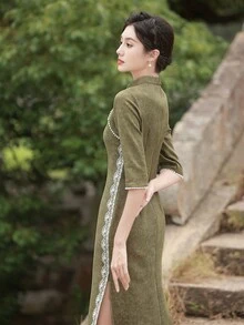 Contrast Lace Faux Pearl Beaded Waist Qipao Dress Chinese Dress