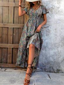 Breezaya Women's Paisley Printed Wrap Waist Shirred Ruffle Short Sleeve Dress - Multicolor - View 6