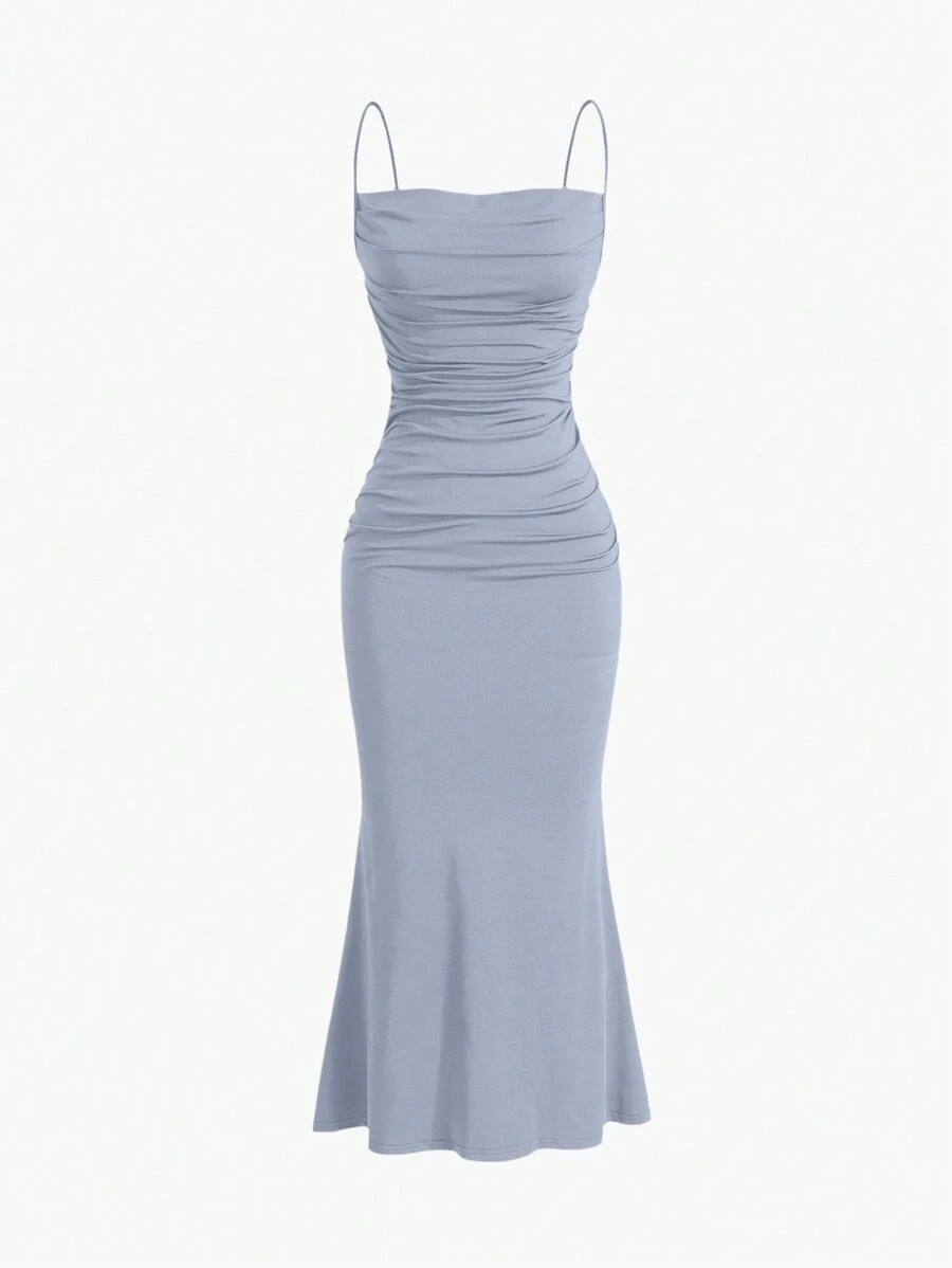 SHEIN Sweetro Solid Color Pleated Fish Tail Hem Strappy Dress Maxi Women Outfit - Light Grey - View 1