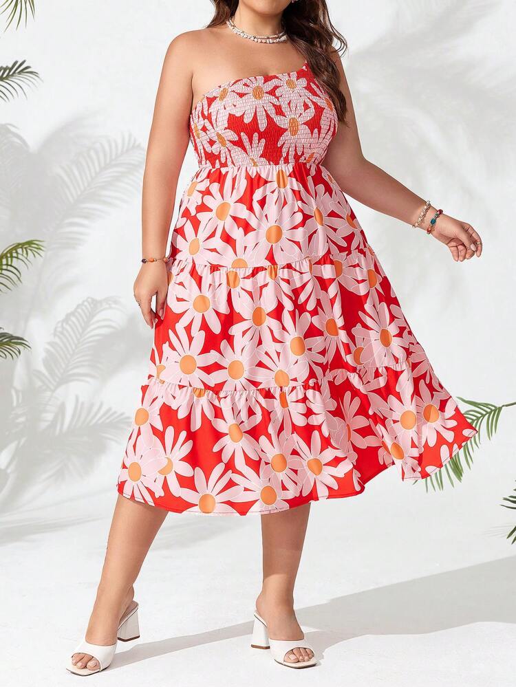 Plus Size Women's Floral Printed One-Shoulder Sleeveless A-Line Dress