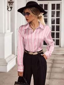 SHEIN Privé Của phụ nữ Sọc In Tay áo dài Áo sơ mi - Nhiều màu - Xem 4