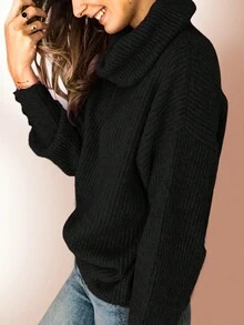 Women's Oversized Turtleneck Sweaters Dressy Casual Ribbed Knit Button Long Sleeve Pullover Sweater Tops - Black - View 7