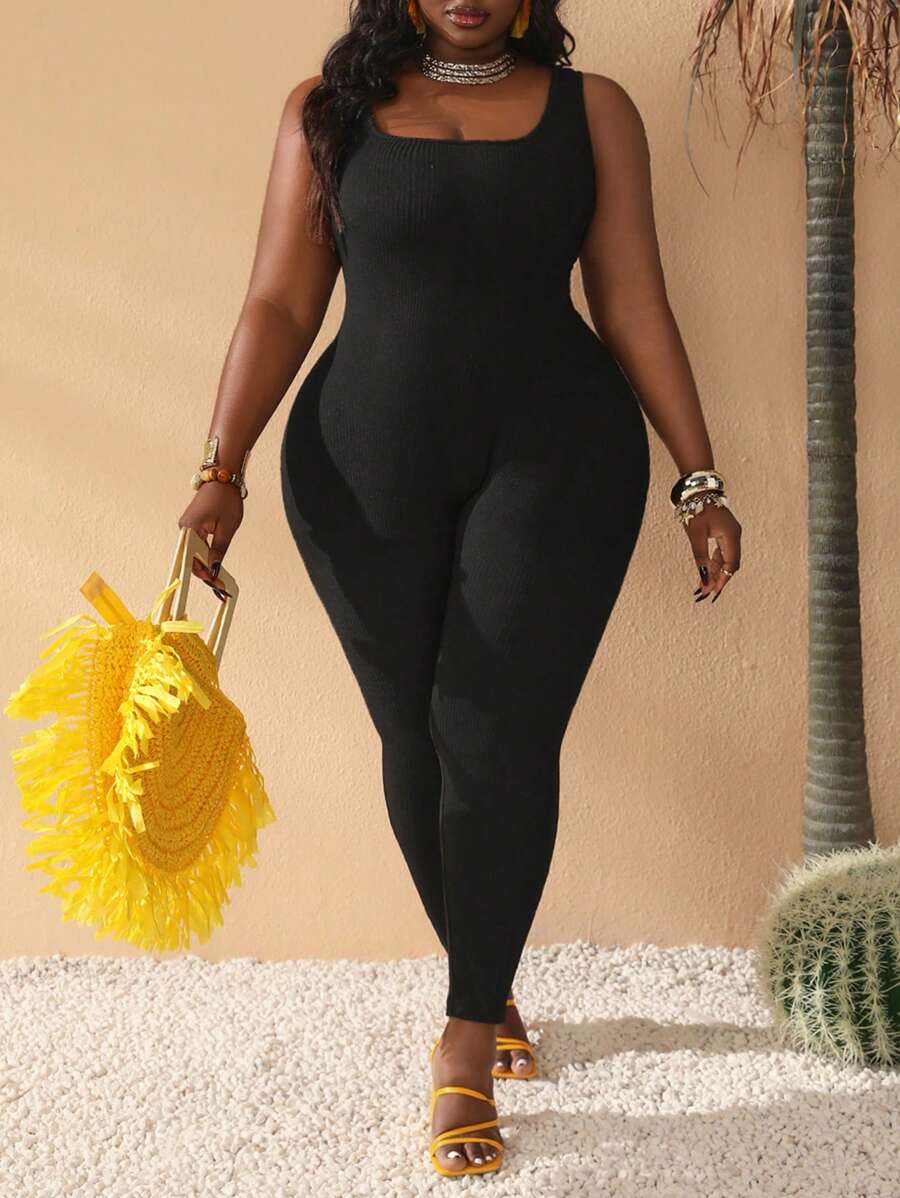 Slaydiva Plus Size Knitted Elastic Tight Sleeveless Jumpsuit - Black - View 1