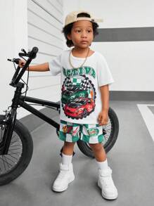 SHEIN Young Boy's Car & Checkerboard & Letter Print Top And Shorts Set Summer Holiday