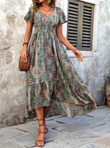 Breezaya Women's Paisley Printed Wrap Waist Shirred Ruffle Short Sleeve Dress - Multicolor - View 3