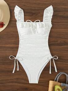 SHEIN Swim Women's Plain Eyelet Embroidery One-Piece Swimsuit With Side Hollow And Small Flounce Sleeves, For Summer, Beach, Vacation, Travel, Festival, Swimming Pool, Surfing - White - View 4