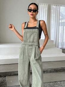 DAZY Đã vá Túi Quần yếm Denim Không có Áo ba lỗ - màu xanh lá - Xem 3