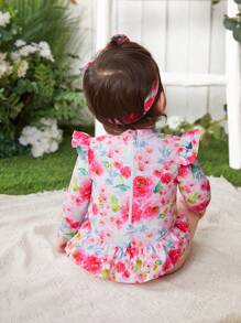 Baby Girl Ruffle Trim Floral Print Bathing Suit With Headband - Pink - View 3