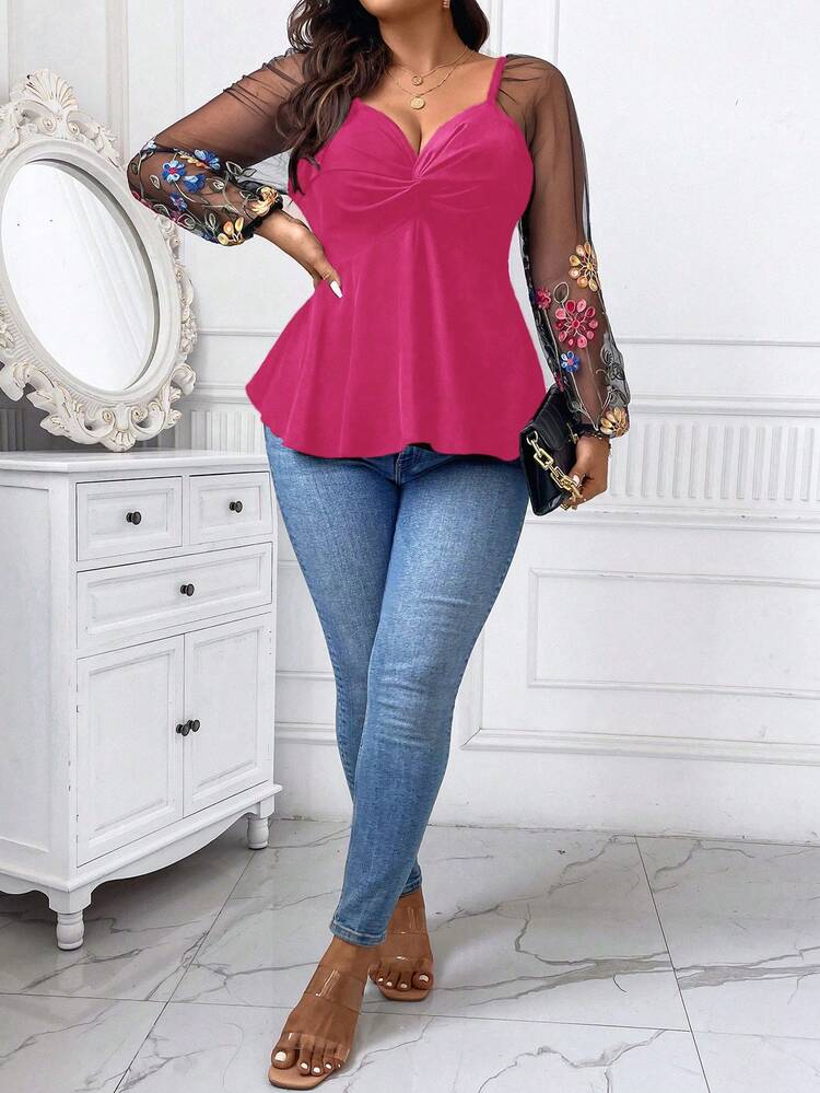 Plus Size Color Block Floral Embroidery Mesh Twist Knot Shirt Fall Cloth For Women
