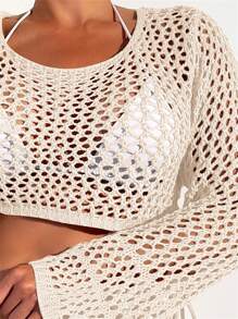 SHEIN Swim Summer Beach Solid Color Hollow Out Round Neck Top Cover Up - Apricot - View 4