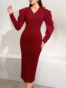 Modelyn Vestido sólido de mujer con botones delanteros para el Año Nuevo, atuendo de mujer maxi - Rojo - Ver 3