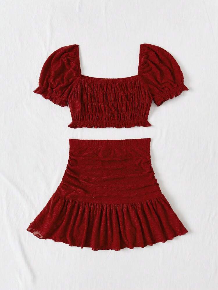 Women's Spring/Summer Casual Vacation Puff Sleeve Shirred Top And Skirt Set